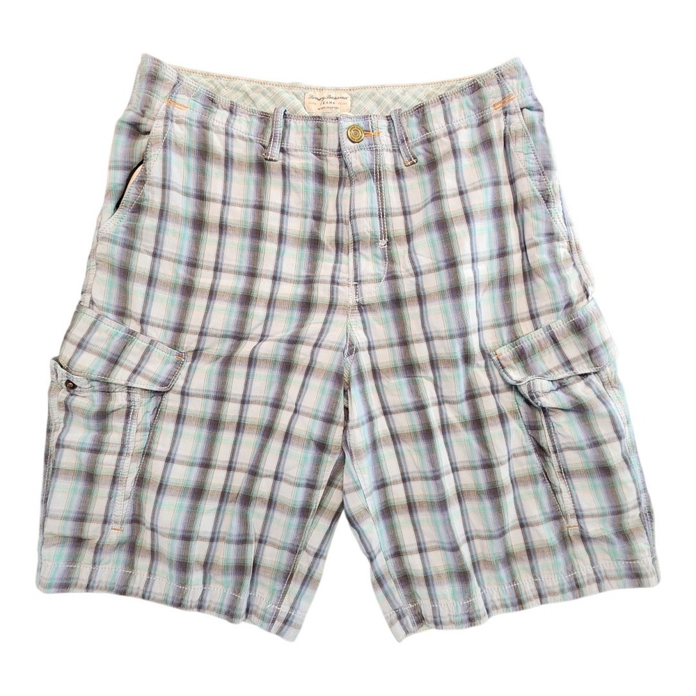Tommy Bahama Cargo Shorts Jeans Men's 33 X 10.5 Cotton Blue Plaid Island Crafted